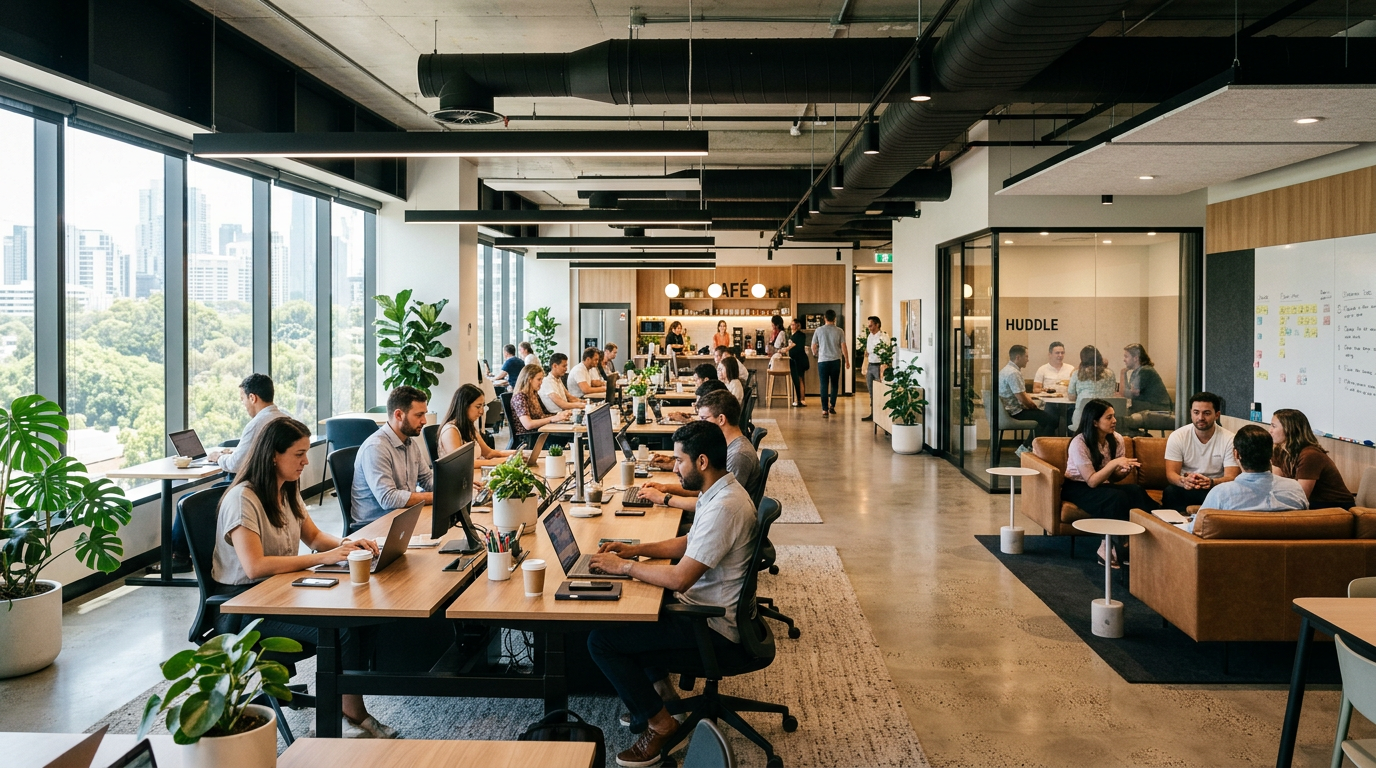 Open coworking space with people working at desks and meeting in a glass-walled room