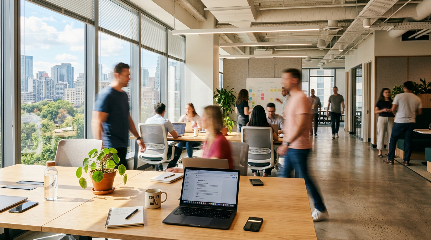 Open office space with people working and walking around, laptops on desks