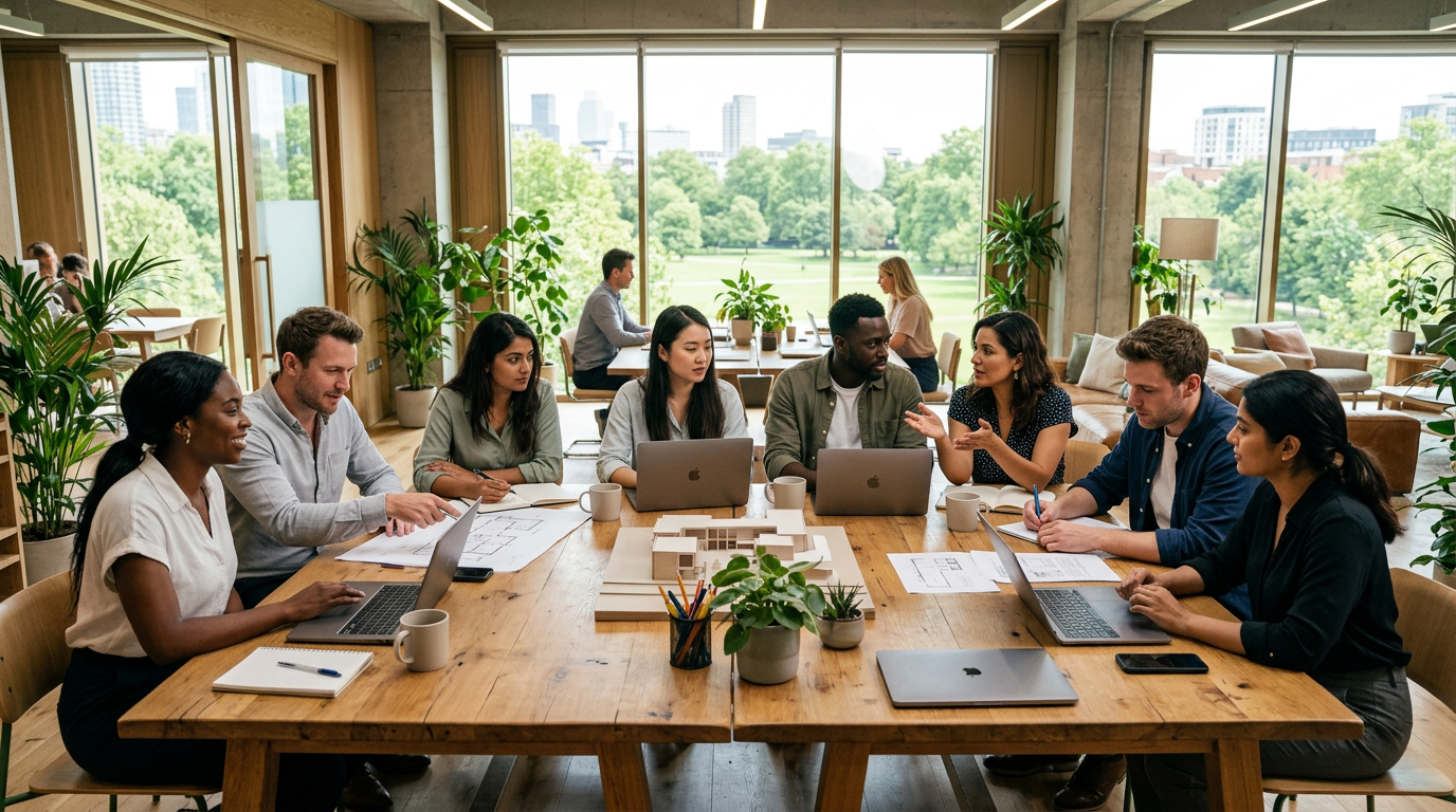 Eight colleagues collaborating around a wooden table with laptops, documents, and a small architectural model