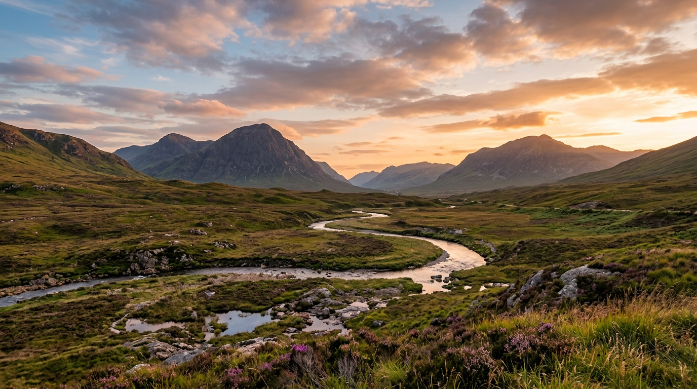 Winding river flowing through green valley with mountains under colorful sunset sky