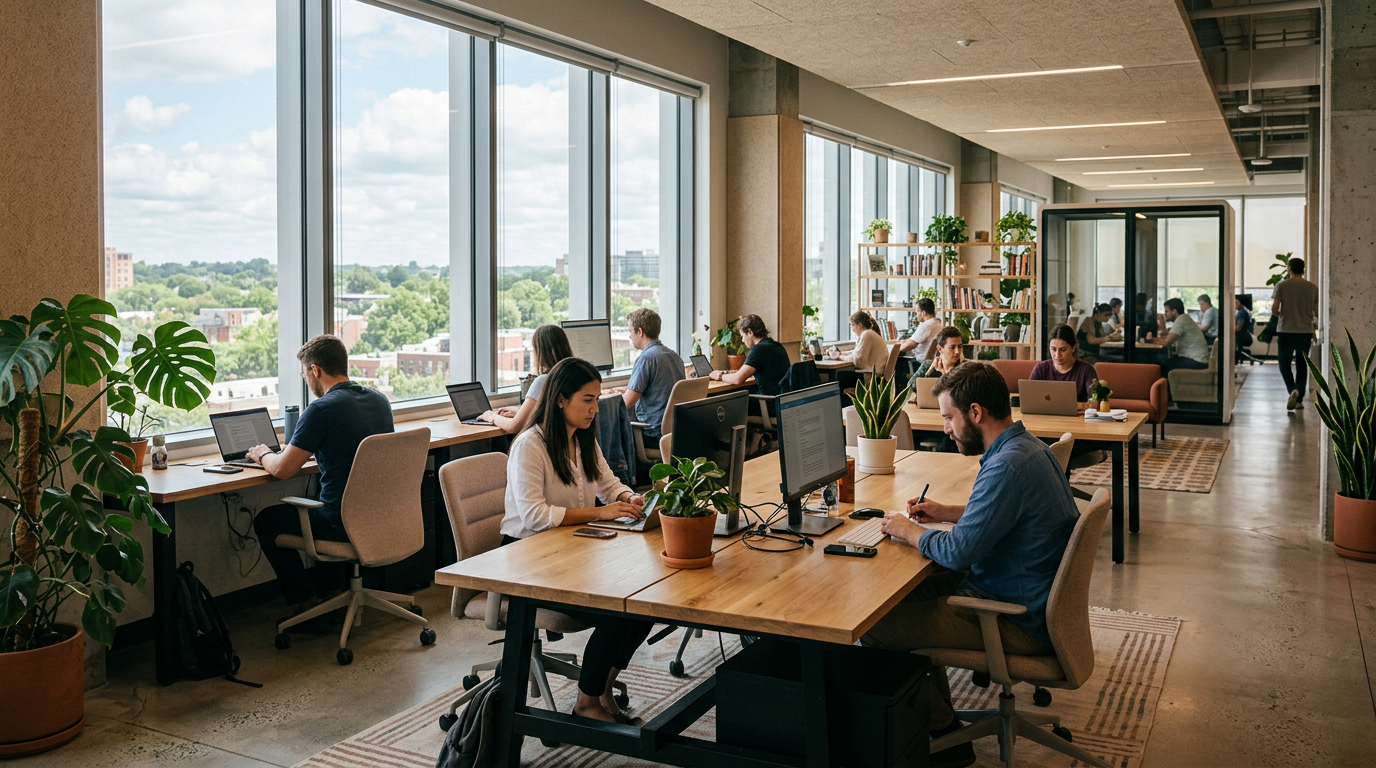 Co-working space with individuals working on laptops and desktop computers near large windows