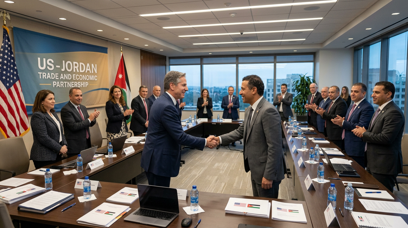 Two men shaking hands at a conference table with US and Jordan flags and officials applauding