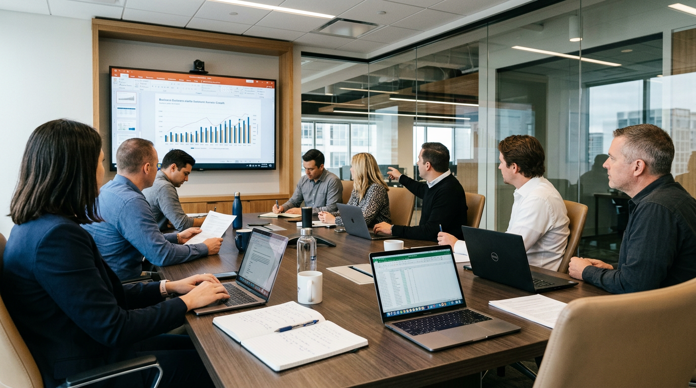 Group of seven professionals in a conference room reviewing charts and spreadsheets