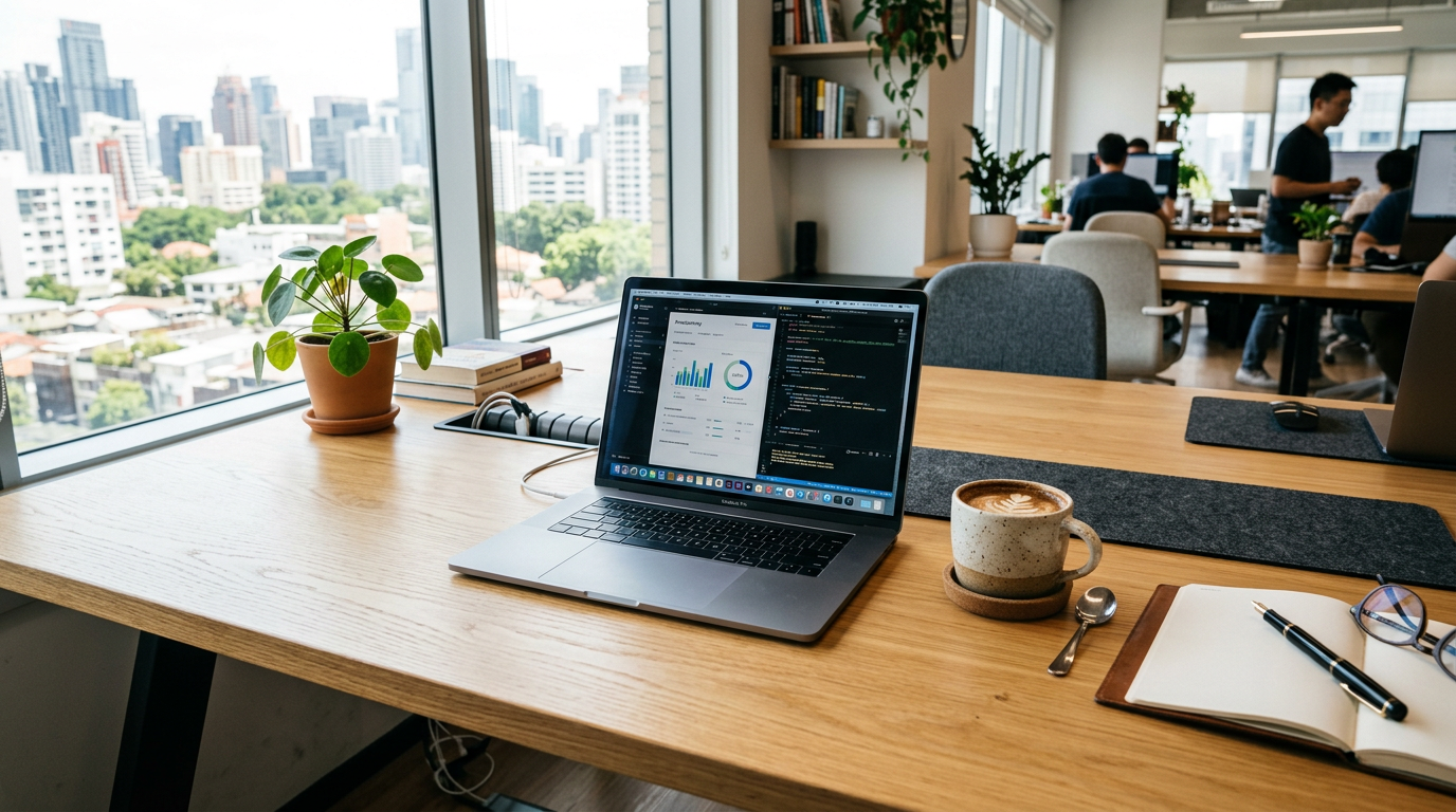 Laptop showing graphs and code on a wooden desk next to coffee, notebook, and plant