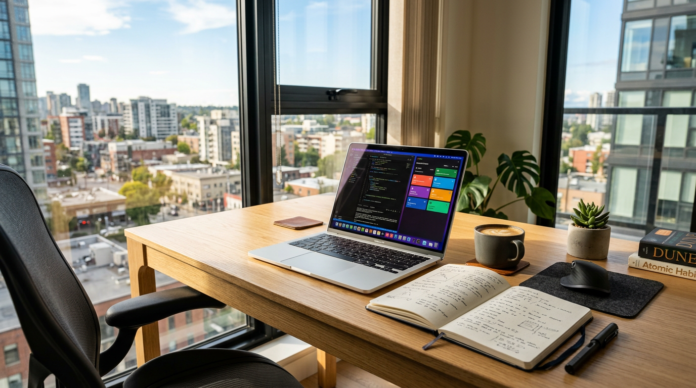 Laptop displaying code and task manager, open notebook with handwritten notes, coffee cup, mouse, succulent, and books on wooden desk in front of large windows.