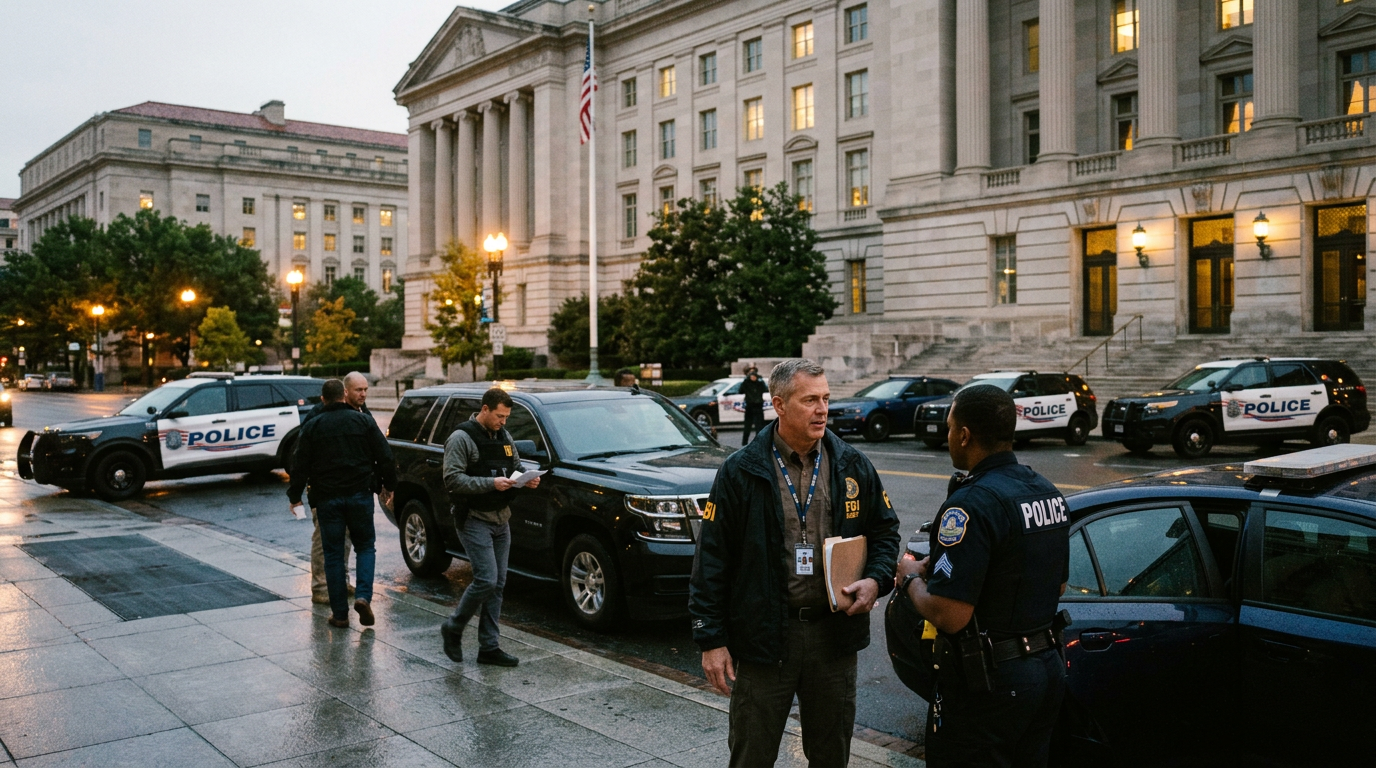 FBI and police officers standing and talking near parked police vehicles outside a government building
