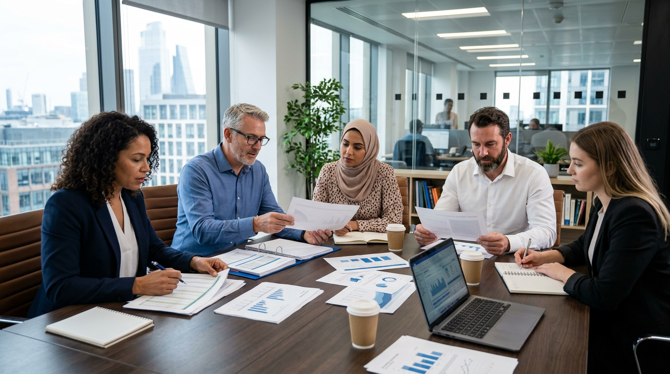 Five professionals discussing business documents around a conference table with charts and laptop.