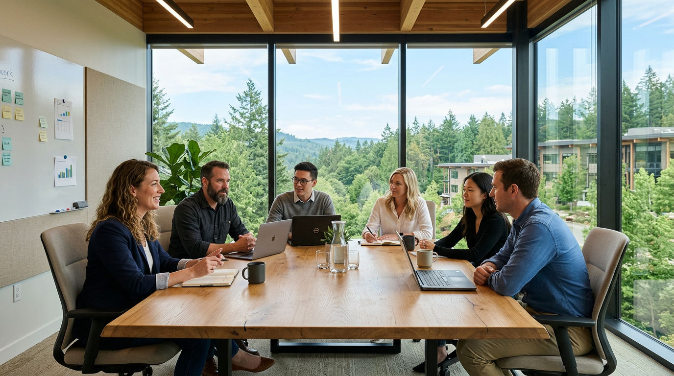 Six people seated around a wooden table with laptops and notebooks in a bright meeting room