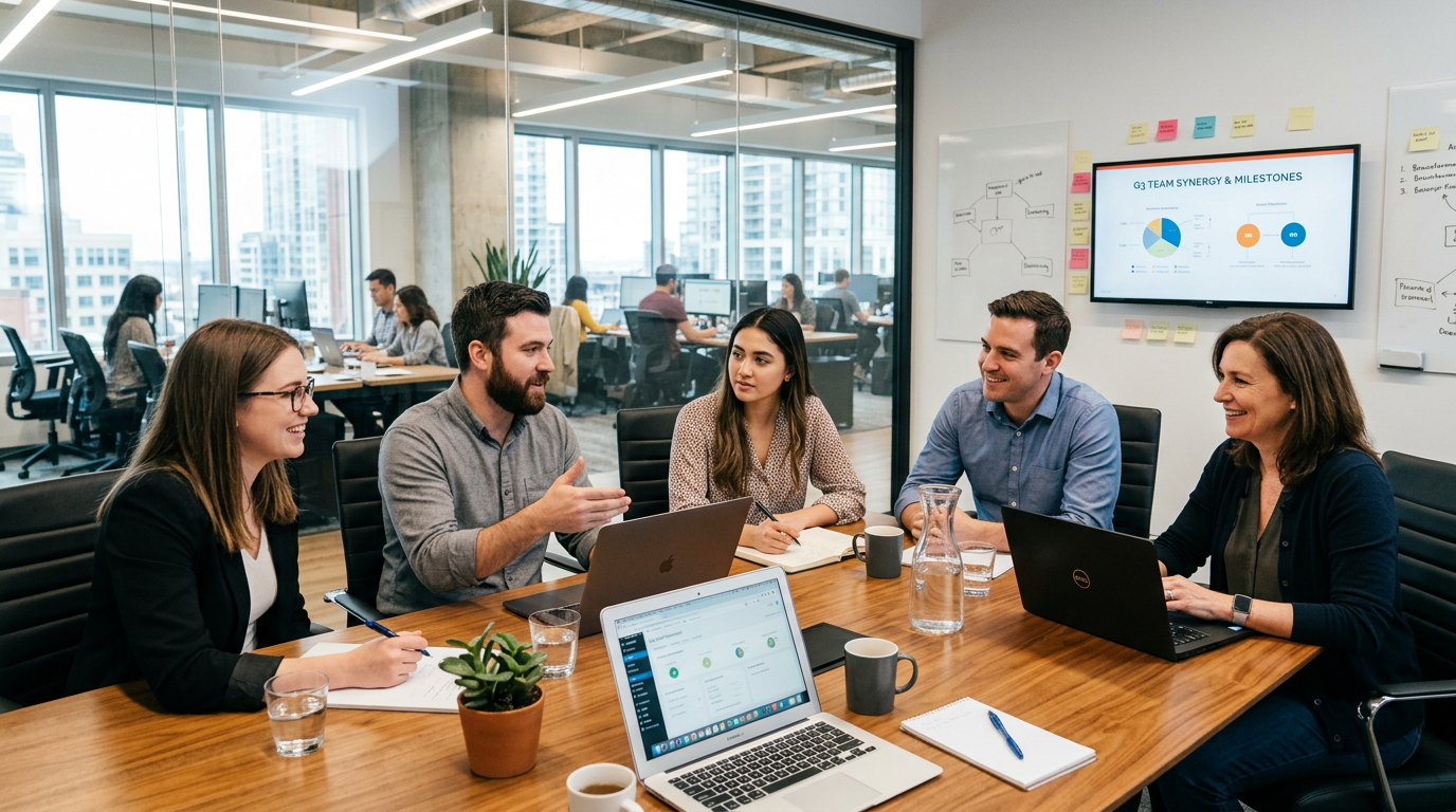 Five colleagues having a meeting around a table with laptops and notes
