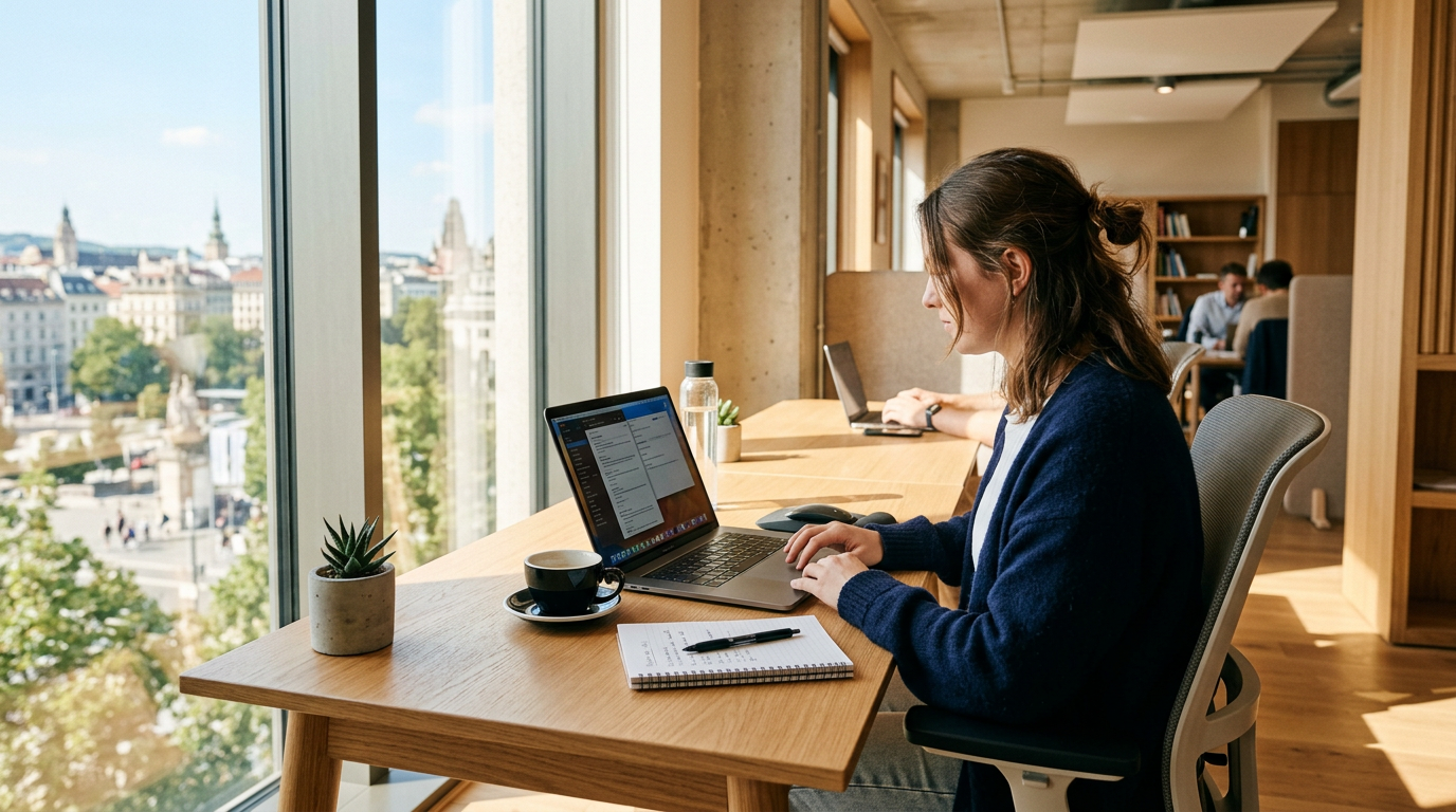 Woman typing on laptop at wooden desk near large window with city view