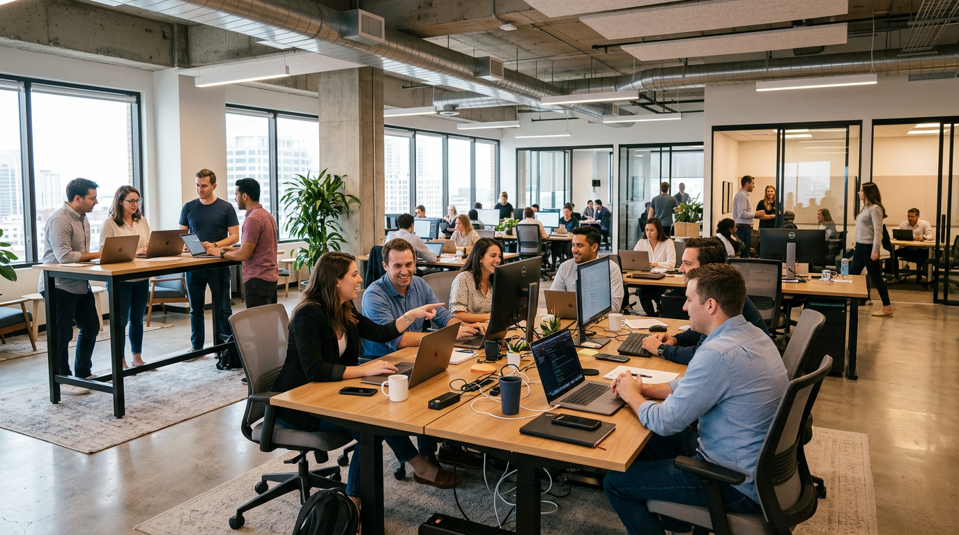 People working collaboratively at desks and standing tables in a modern open-plan office