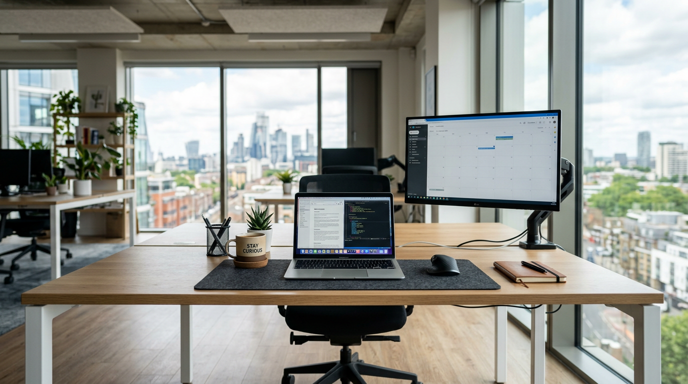 Office desk with laptop showing code and text, external monitor with calendar, coffee mug, pen holder, and notebook in front of window