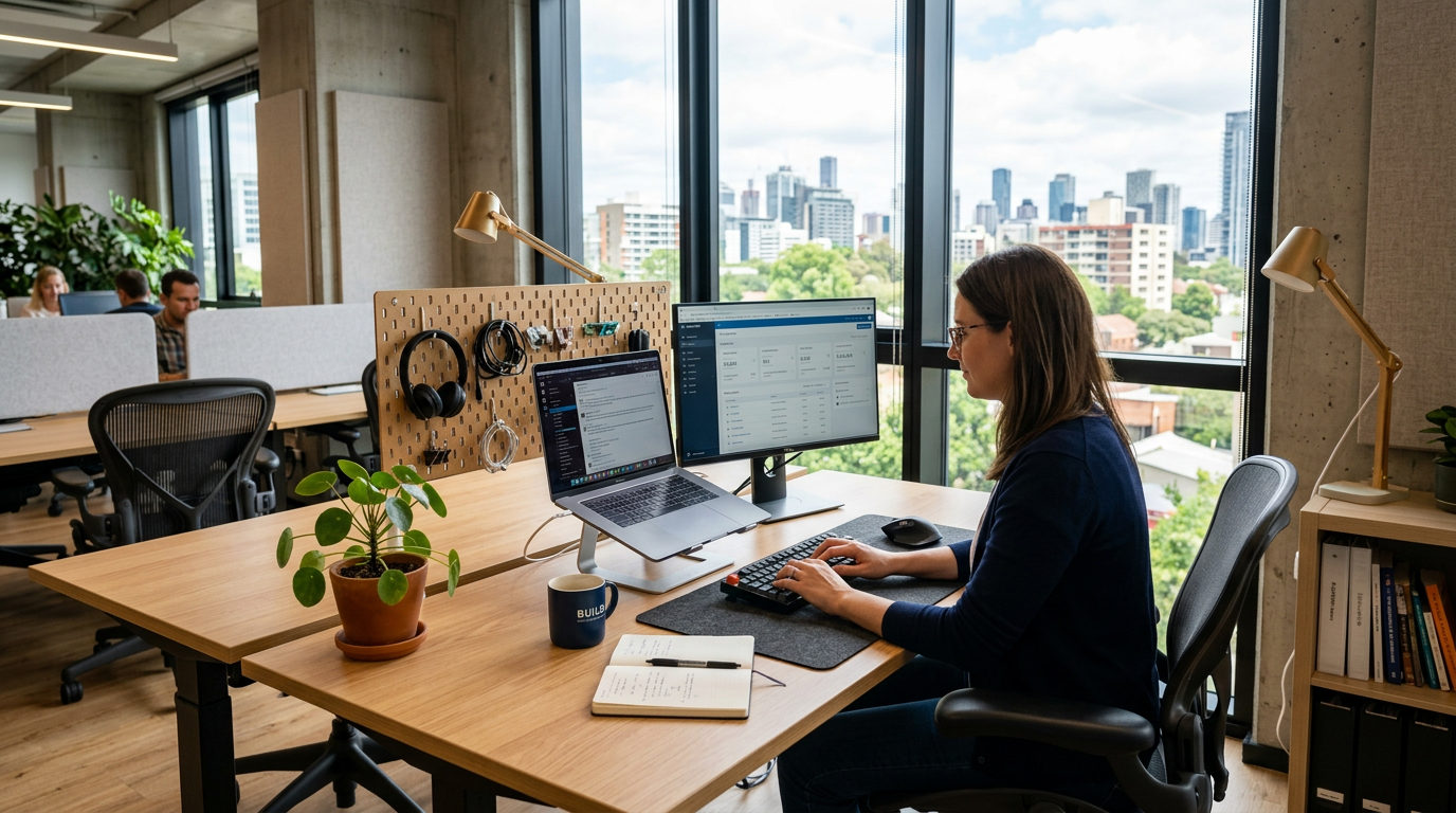 Woman working on dual monitors at a desk in a modern office with large windows and city skyline view
