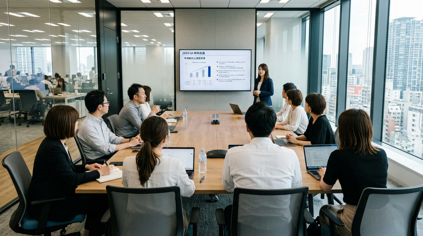 Team in a modern office conference room watching a woman presenting financial data on a screen
