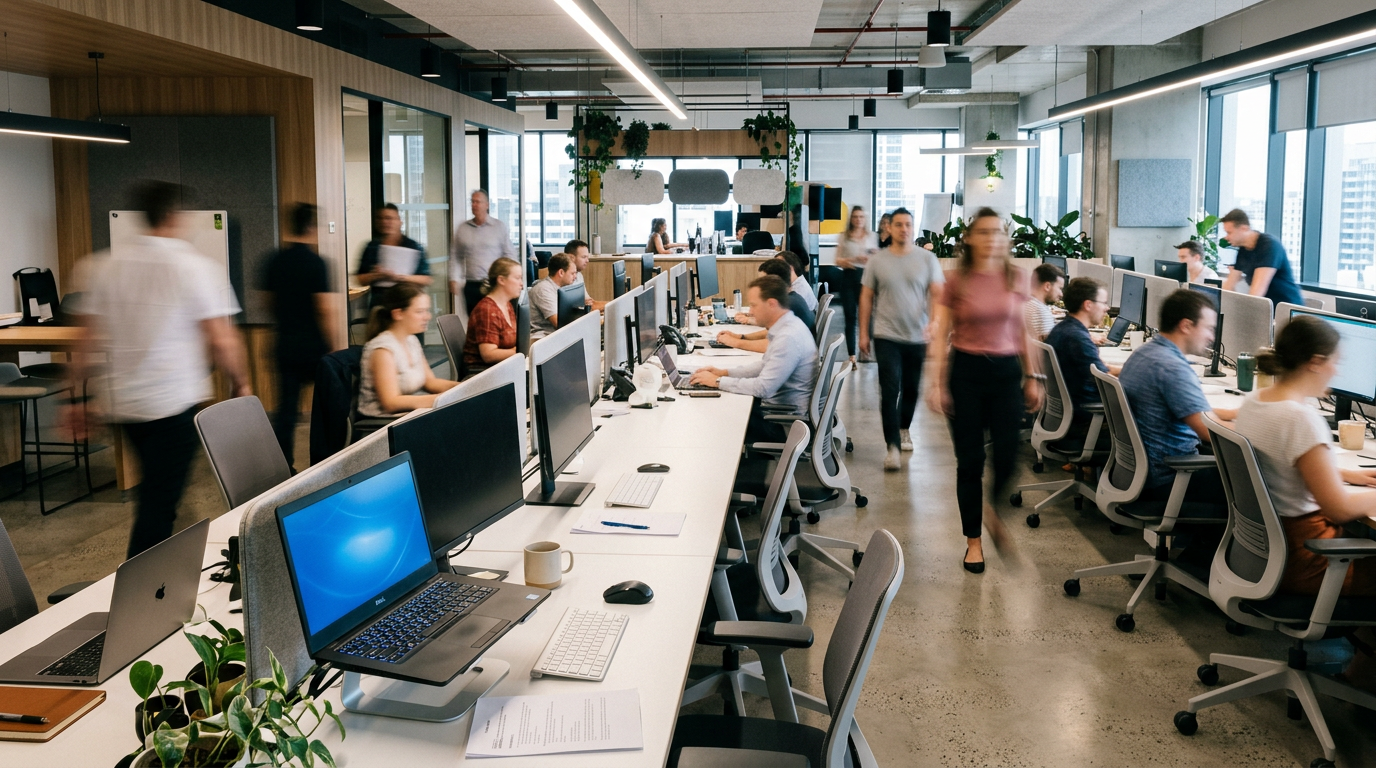 Office workers at desks in a modern open-plan workspace with computers
