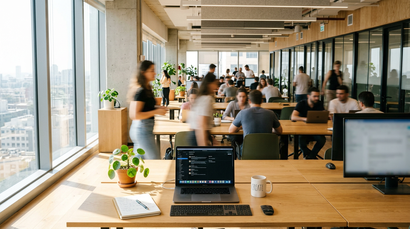 Open coworking office with wooden desks, laptops, and people working
