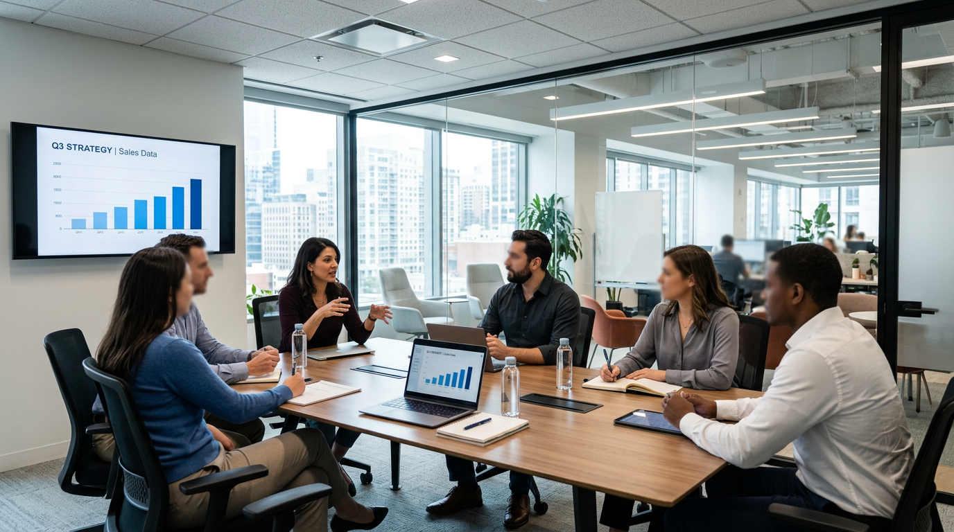 Five colleagues in a modern office conference room discussing sales data with charts on screen and laptop
