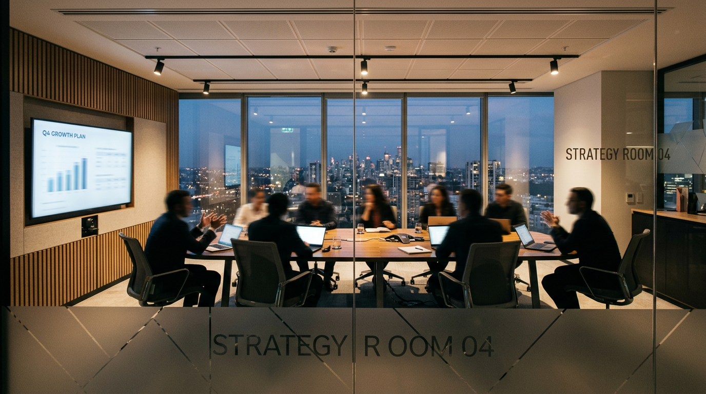 Team in a glass-walled conference room discussing strategy with laptops and a presentation screen showing a Q4 growth plan.