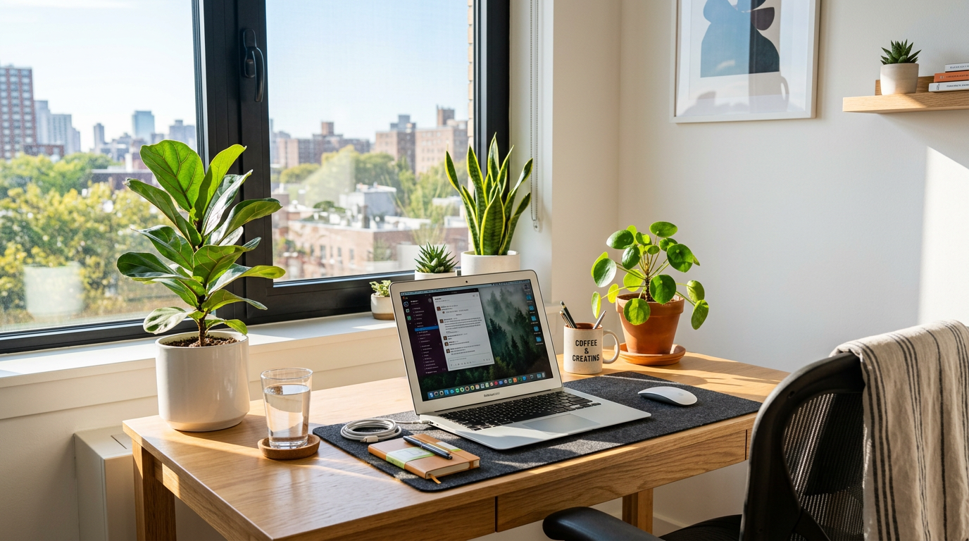 Home office desk with laptop, plants, notebook, and a glass of water near a sunny window