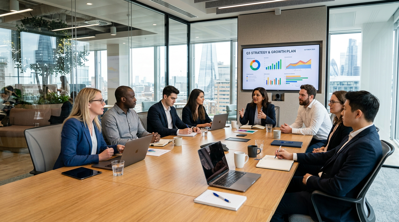 Business team in modern office discussing Q3 strategy with charts on screen