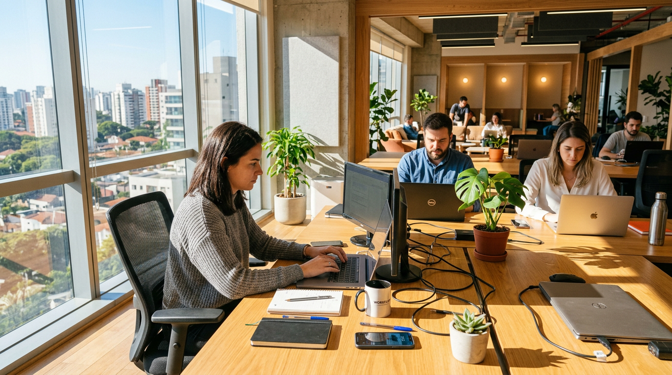 People working on laptops at shared wooden desks in a bright office with large windows overlooking city buildings