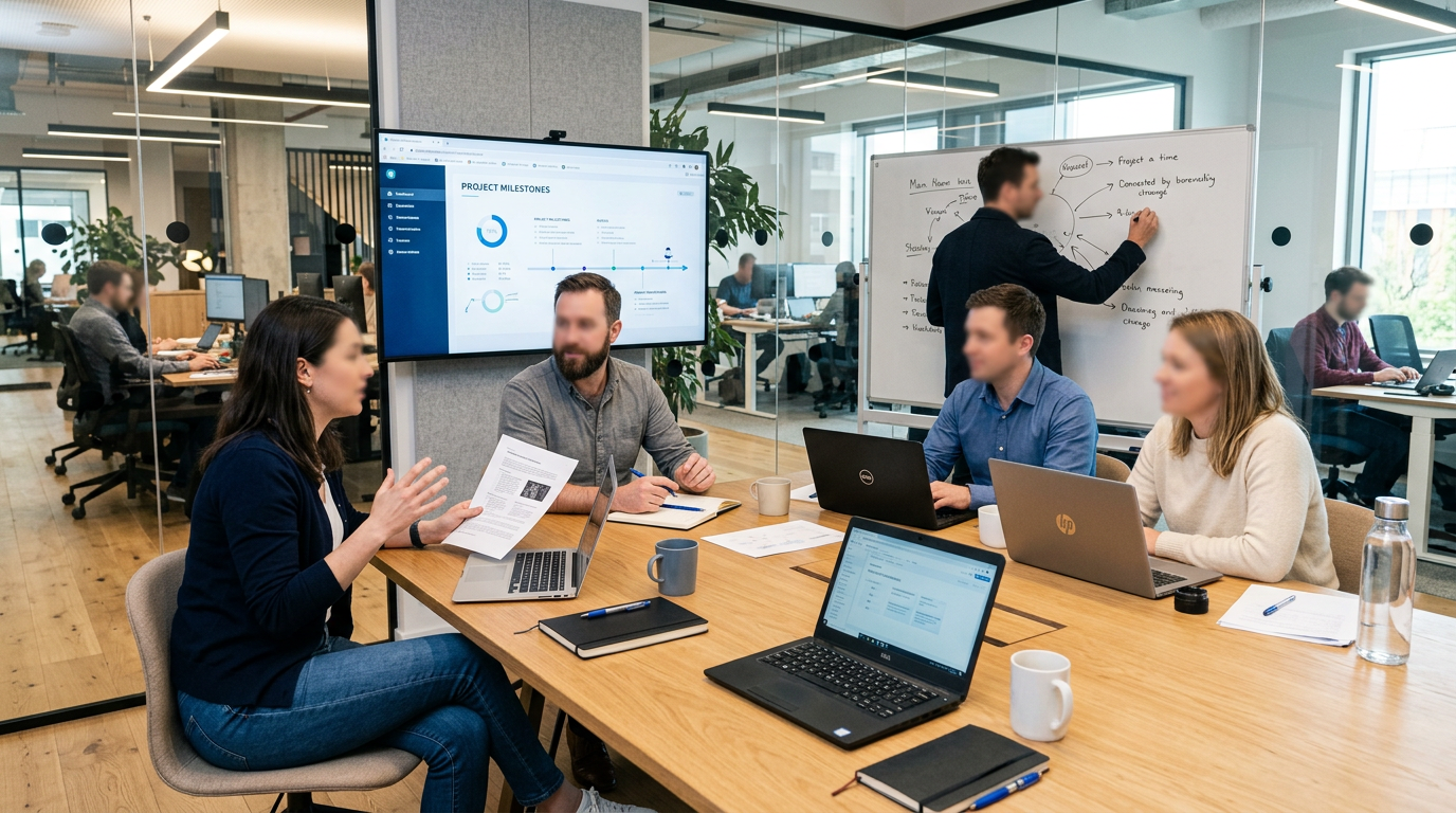 Modern office teamwork scene, blurred faces, horizontal