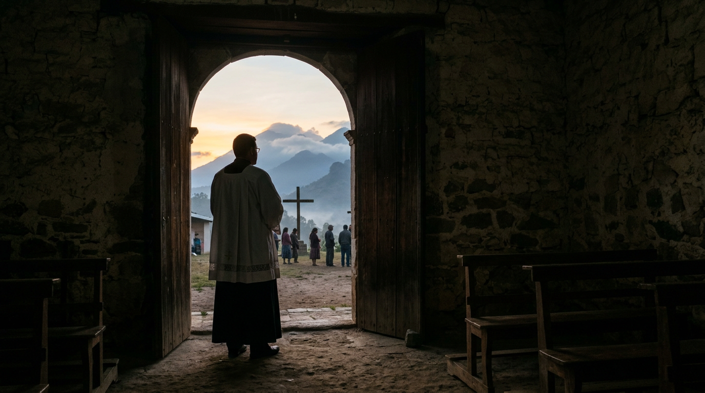 Silhouette of a priest in church doorway looking at people near a large wooden cross outdoors at sunrise