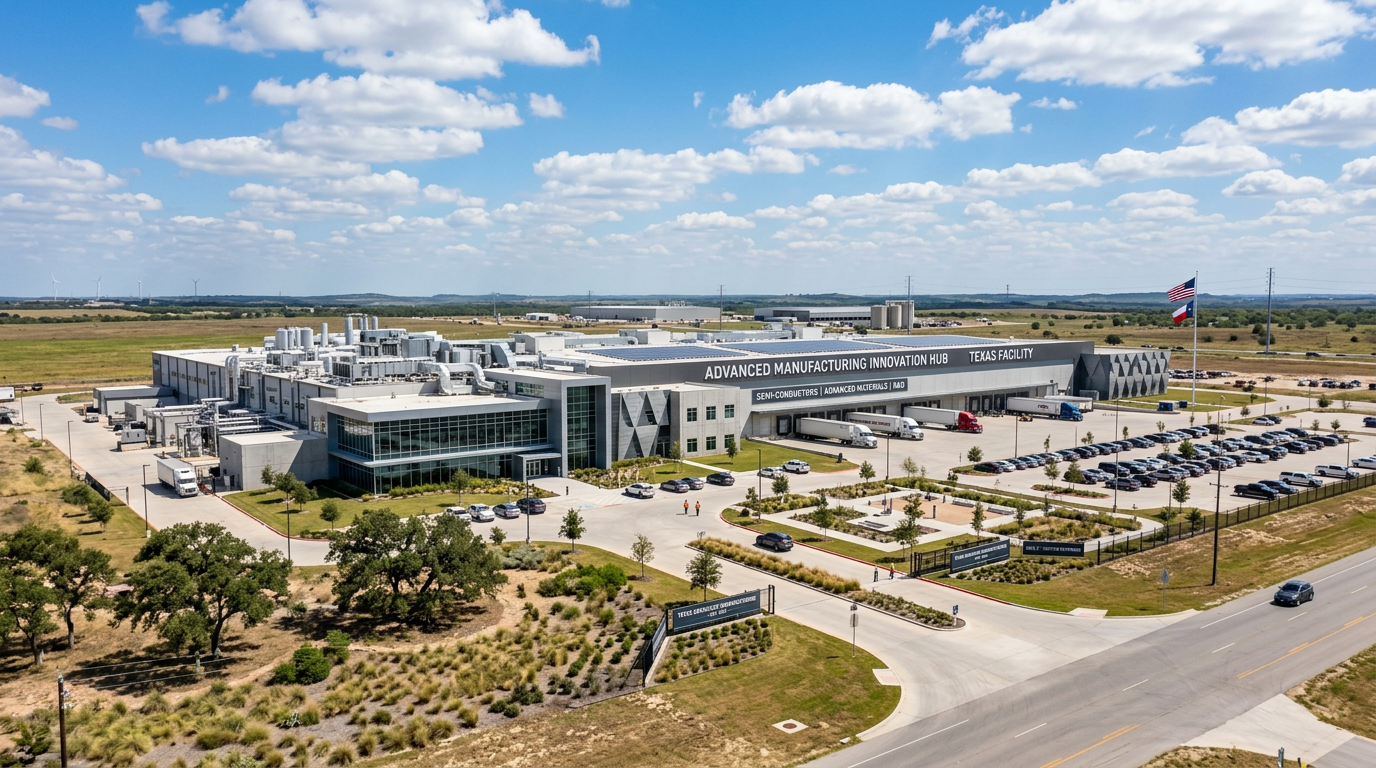 Large industrial manufacturing facility with parking lot, trucks, and clear signage