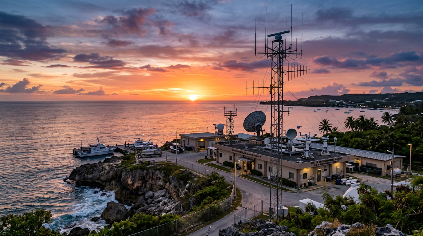 Research facility with antennas and boats on rocky coast at sunset