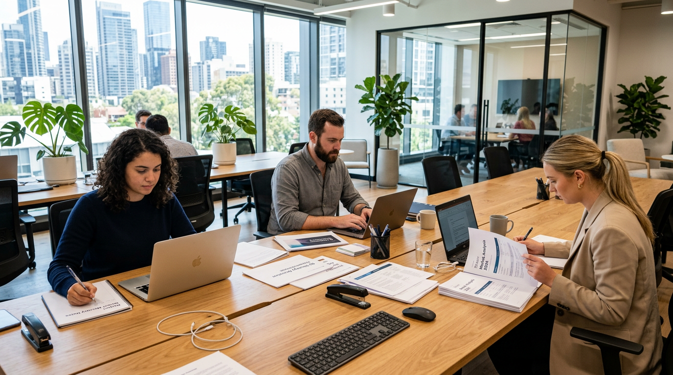 Three office workers using laptops and reviewing documents at a large wooden table