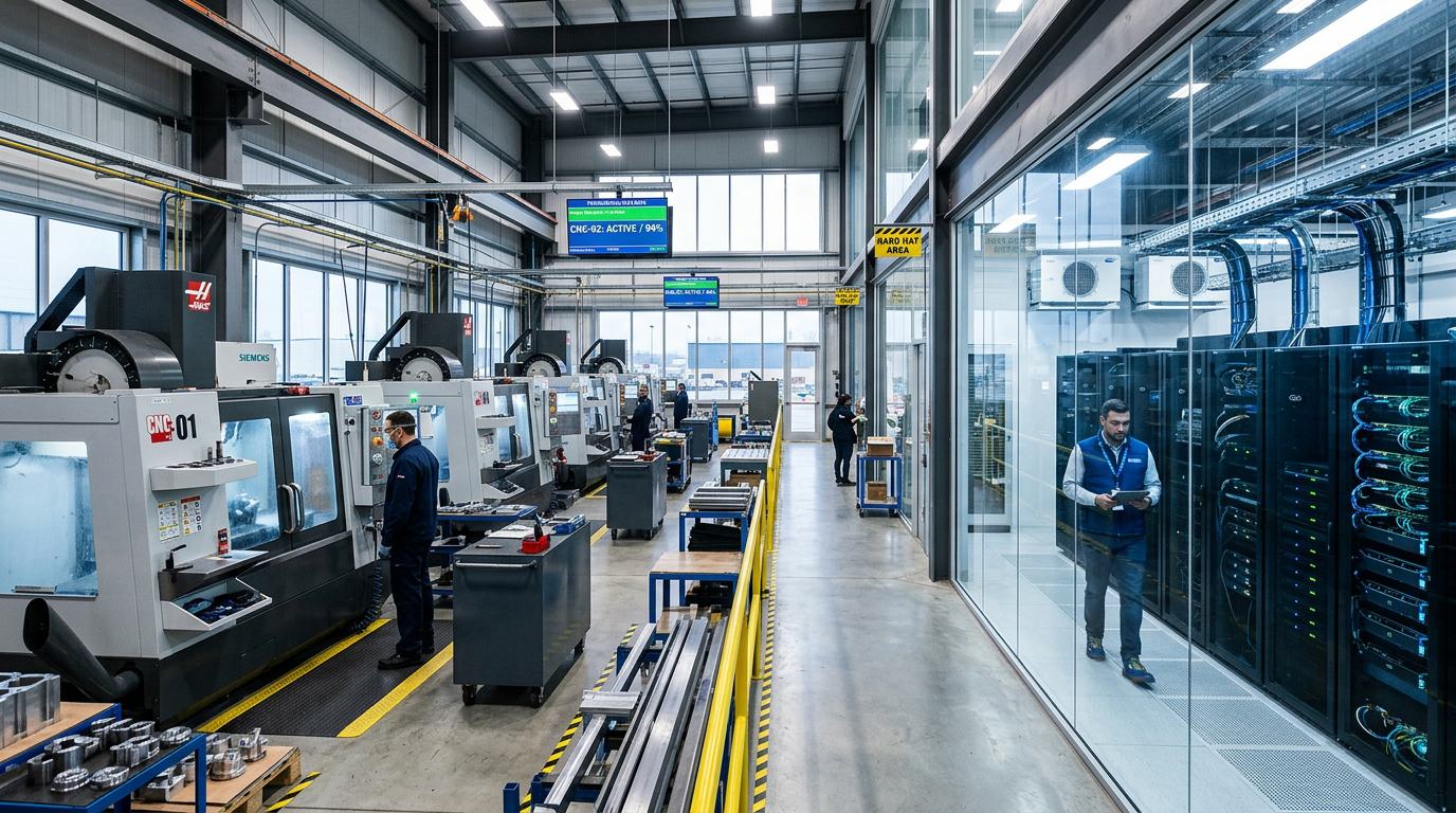 Factory floor with CNC machines operated by technicians and a man inspecting servers in a glass-walled room