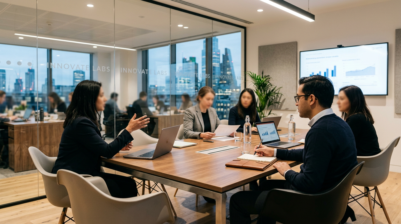Five professionals engaged in a business meeting with laptops and charts