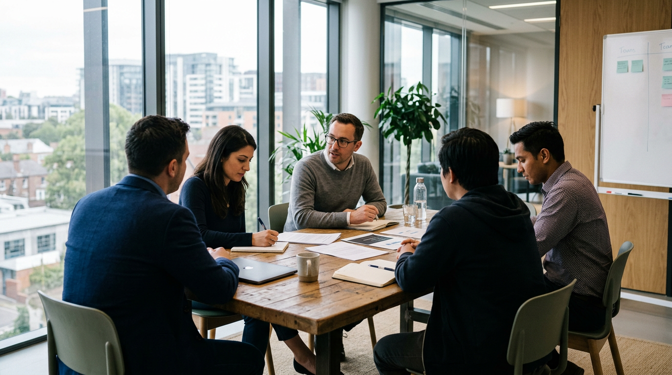 Five people having a discussion around a table with notebooks and documents in a modern office