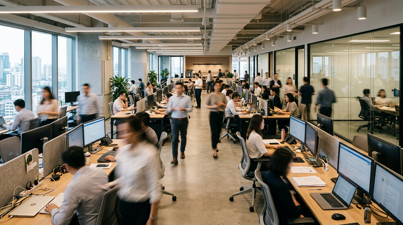 Open-plan office with many employees working on computers and walking