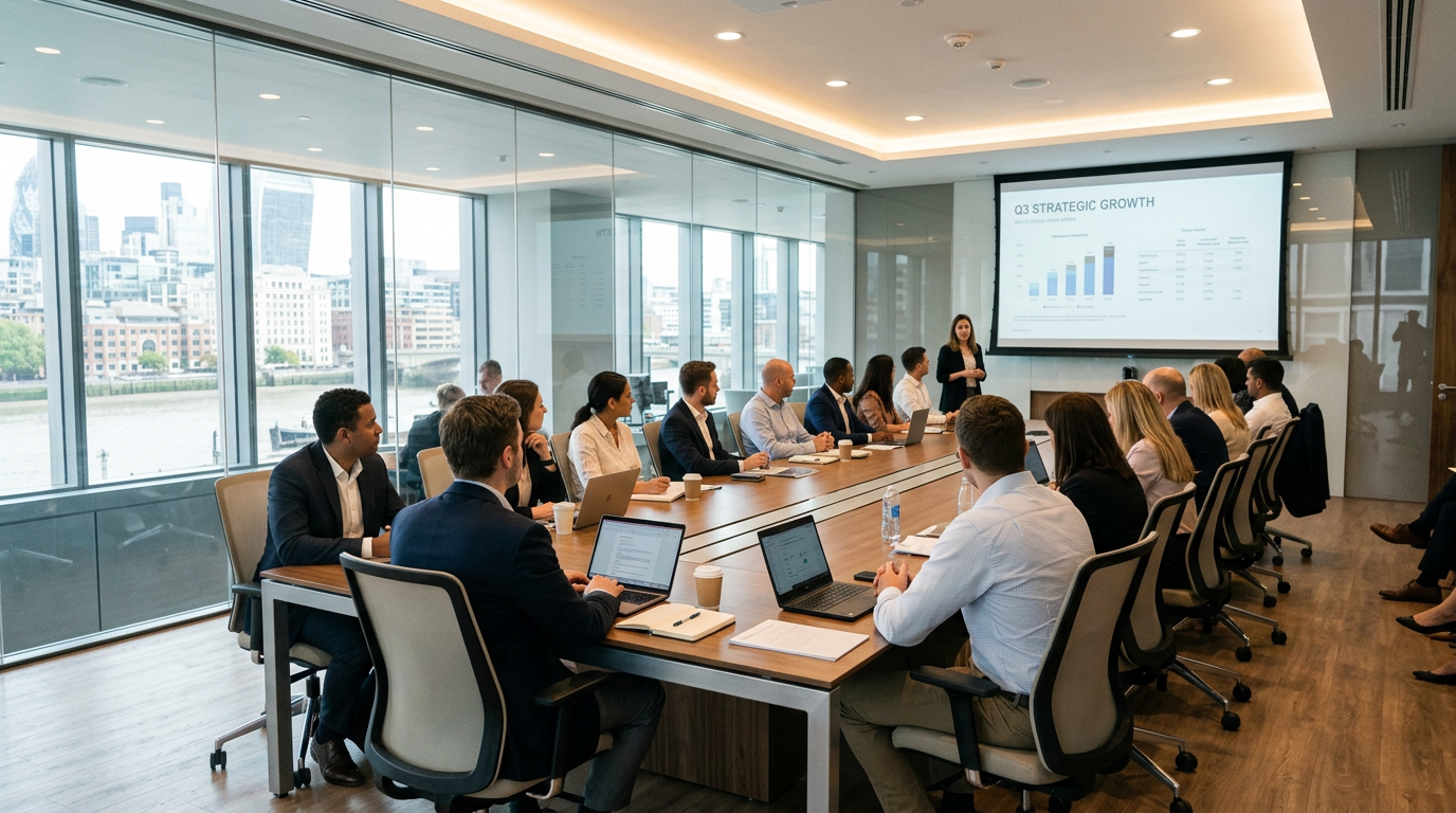 Business meeting with professionals around a table watching a Q3 strategic growth presentation