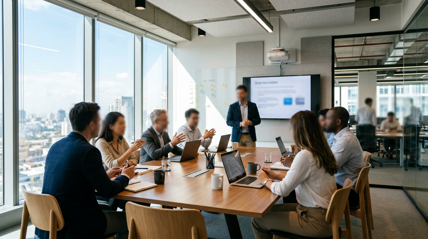 Business team attending a presentation in a conference room with laptops
