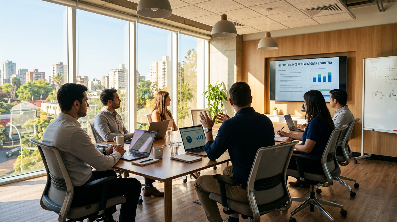 Six professionals seated around a table reviewing charts and data on laptops and a screen
