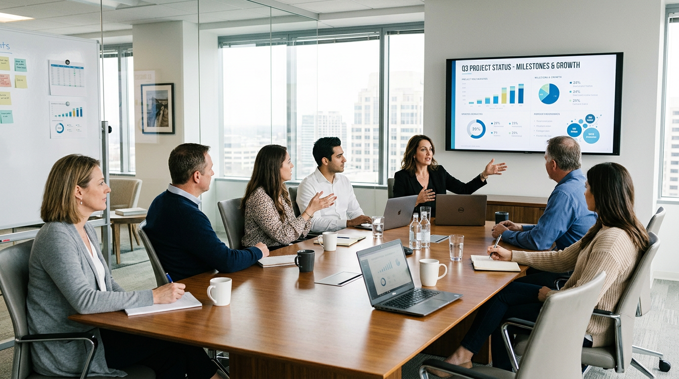 Seven professionals in a boardroom discussing Q3 project milestones and growth charts