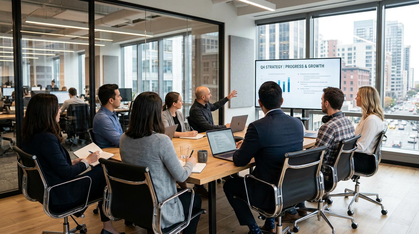 Team of eight professionals in a meeting room watching a screen displaying Q4 strategy progress and growth data