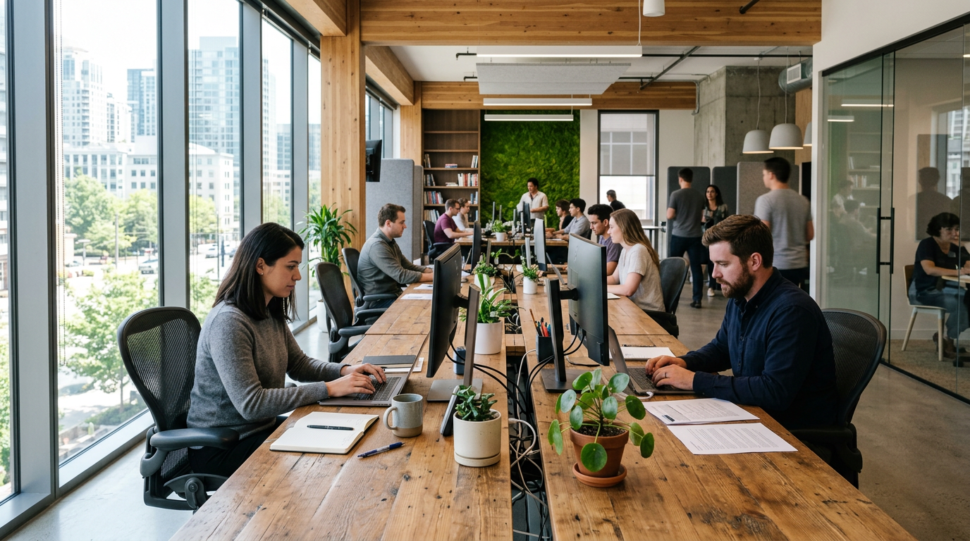 People working on computers at a long wooden desk in a bright open office