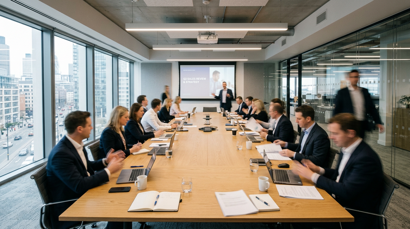 Group of business professionals in a conference room during a Q3 sales review presentation