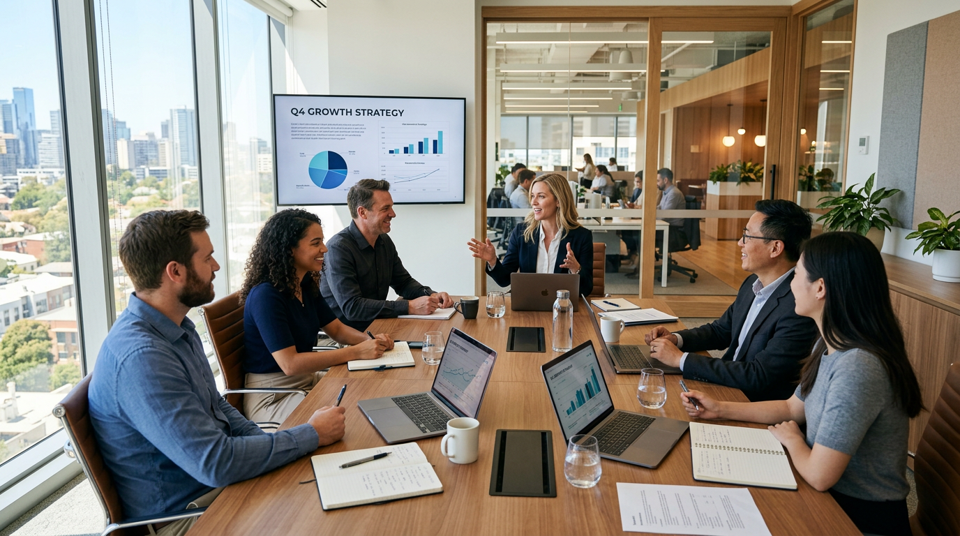 Six business professionals discussing Q4 growth strategy with charts on screen and laptops