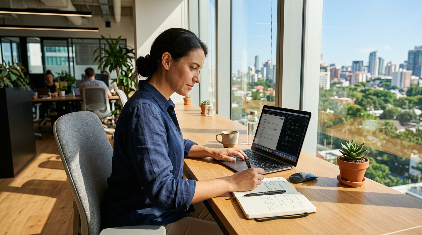 Woman working on laptop and writing notes at workstation by large window with city view