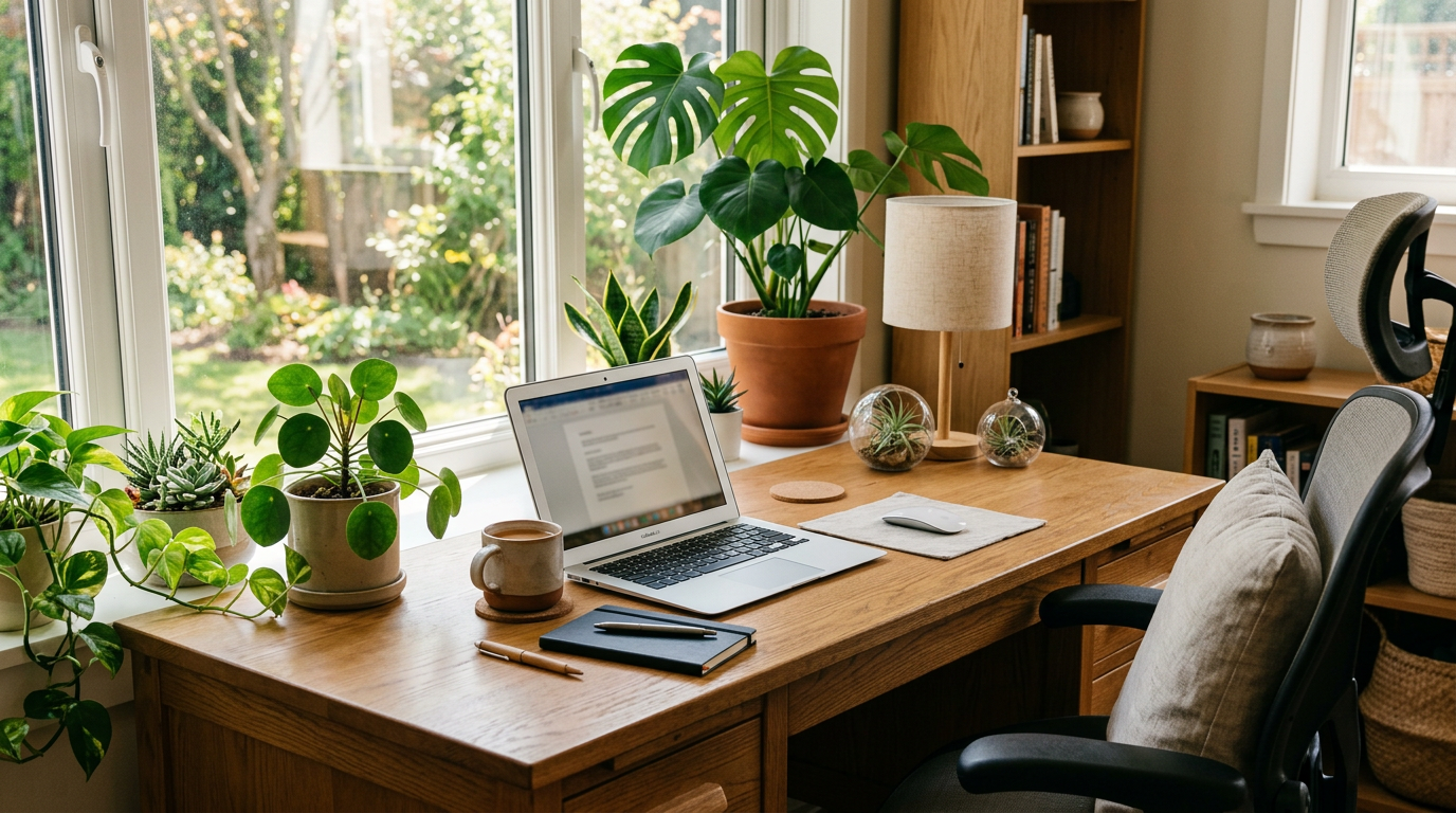Home office desk with laptop, coffee mug, notebook, plants, and lamp by window