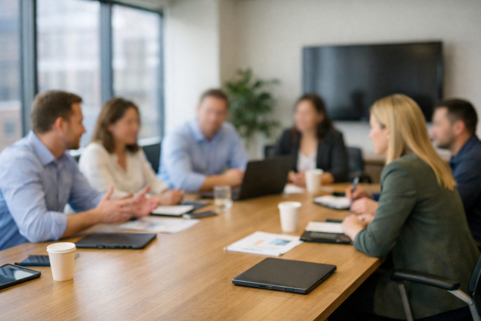 Six professionals having a meeting in a conference room with laptops and papers