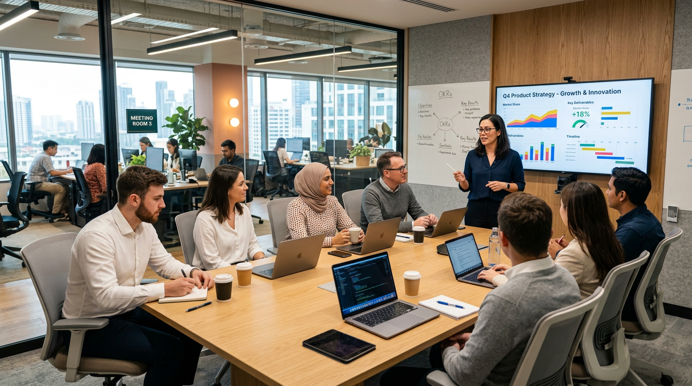 Team meeting in a conference room reviewing product strategy charts on a screen