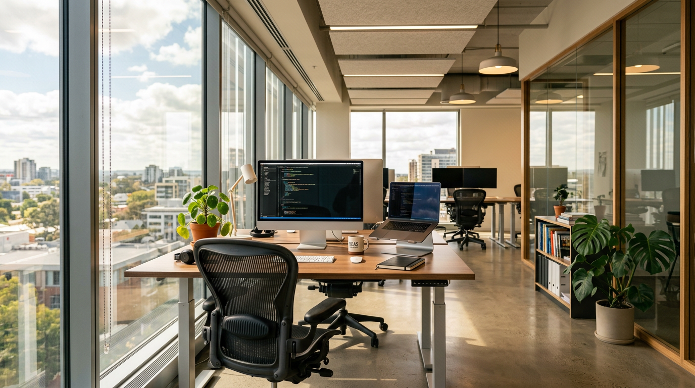 Office desk with computer monitors, laptop, and plants near large windows