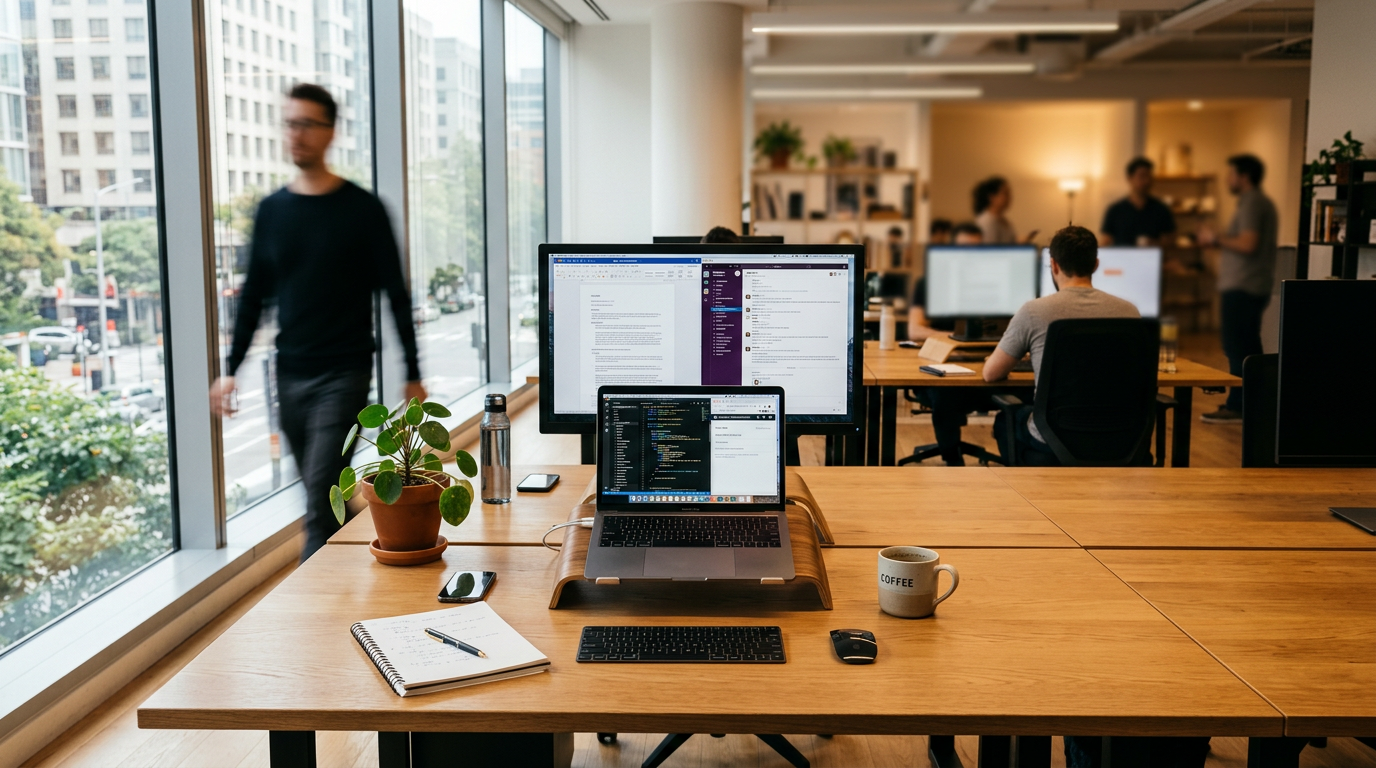 Office desk with laptop, external monitor, notebook, plant, and coffee mug