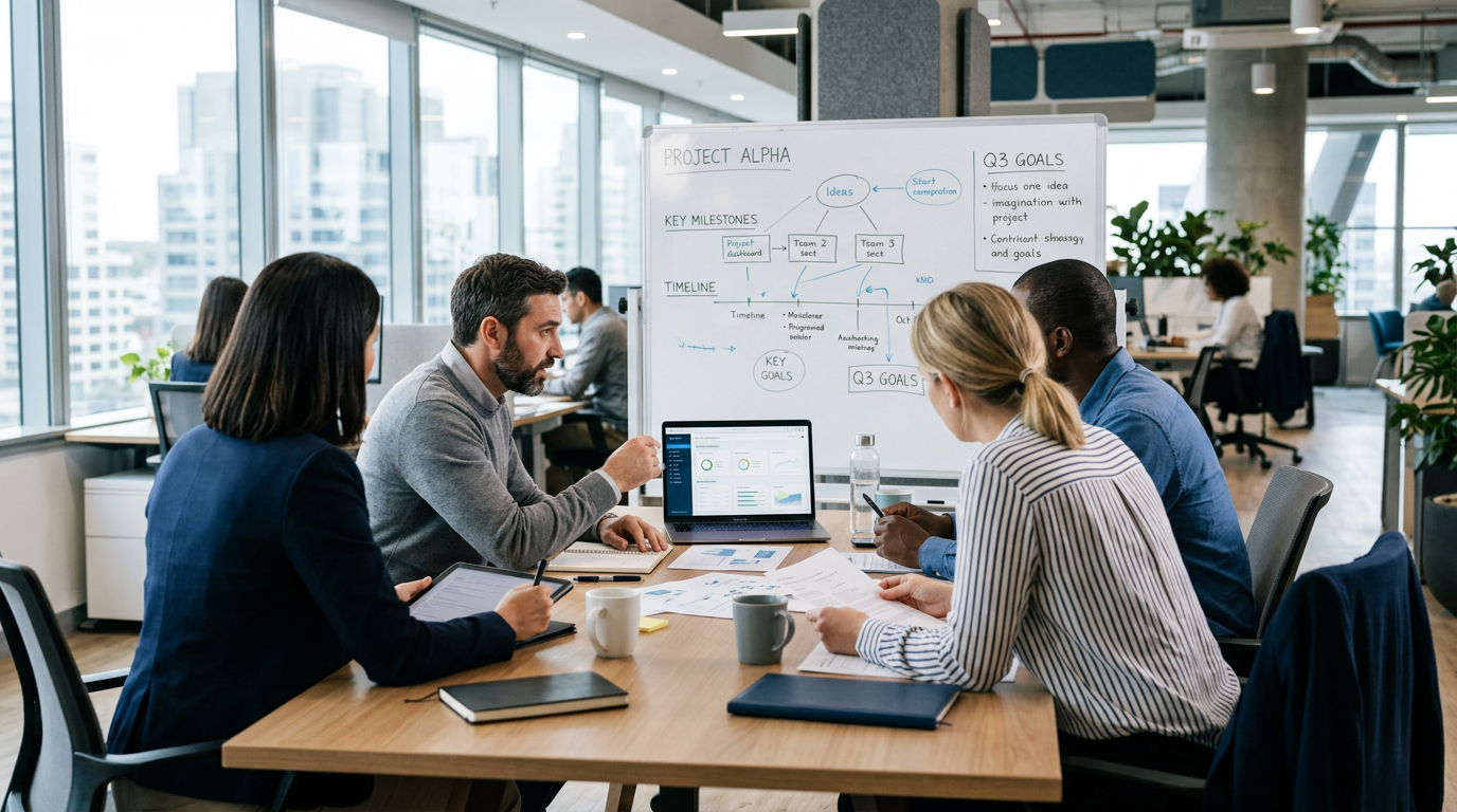 Four professionals having a meeting around a table with laptop, documents, and whiteboard showing project goals and timeline