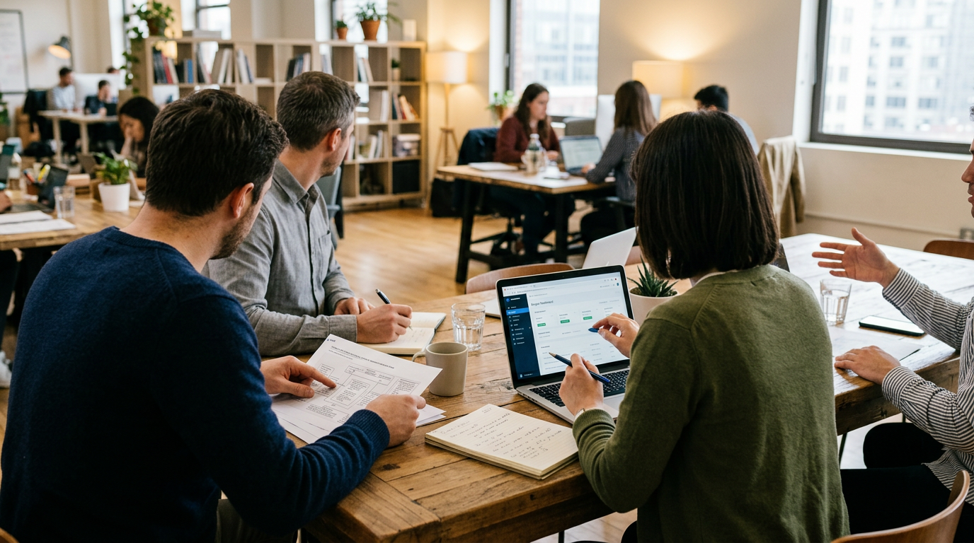 Four team members discussing documents and laptop screen at a wooden table in an office